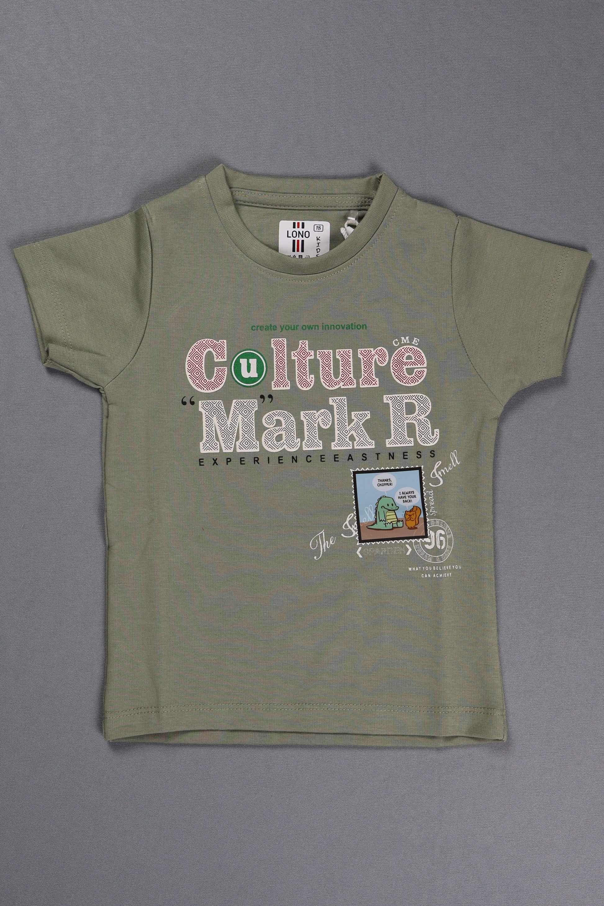 Green t-shirt with text and graphics on a gray background