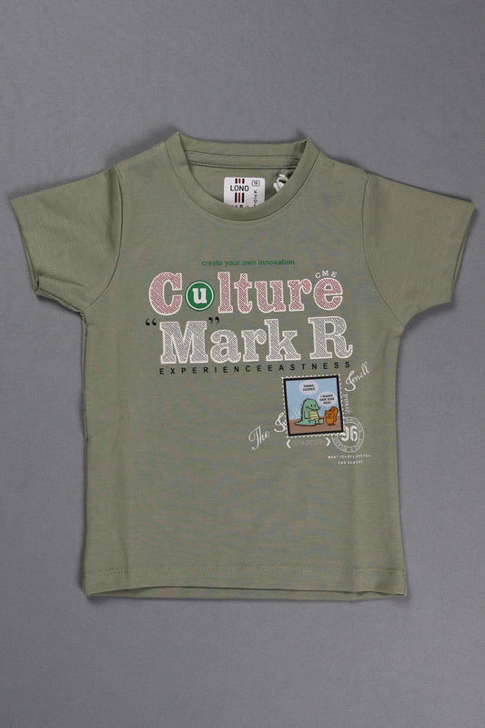 Green t-shirt with text and graphics on a gray background