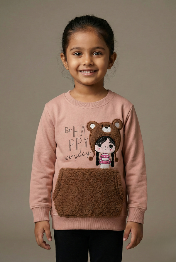 Fyst Cotton Knit Signature Bear Hat Graphic Soft Cotton Pullover for Girls – Apricot