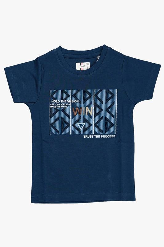 A children's navy blue short-sleeve t-shirt. The front features a large rectangular graphic with a repeating blue and white geometric diamond pattern, with the word "WIN" printed in the center in a gold-toned font. The shirt is shown as a flat lay against a light grey background.