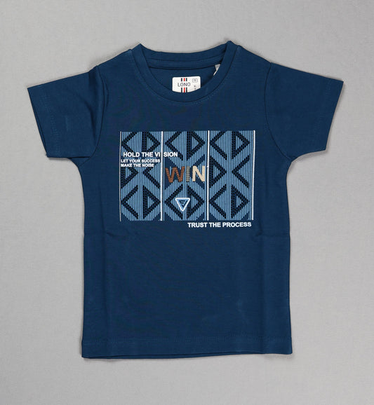 Navy blue t-shirt with geometric design and text on a gray background