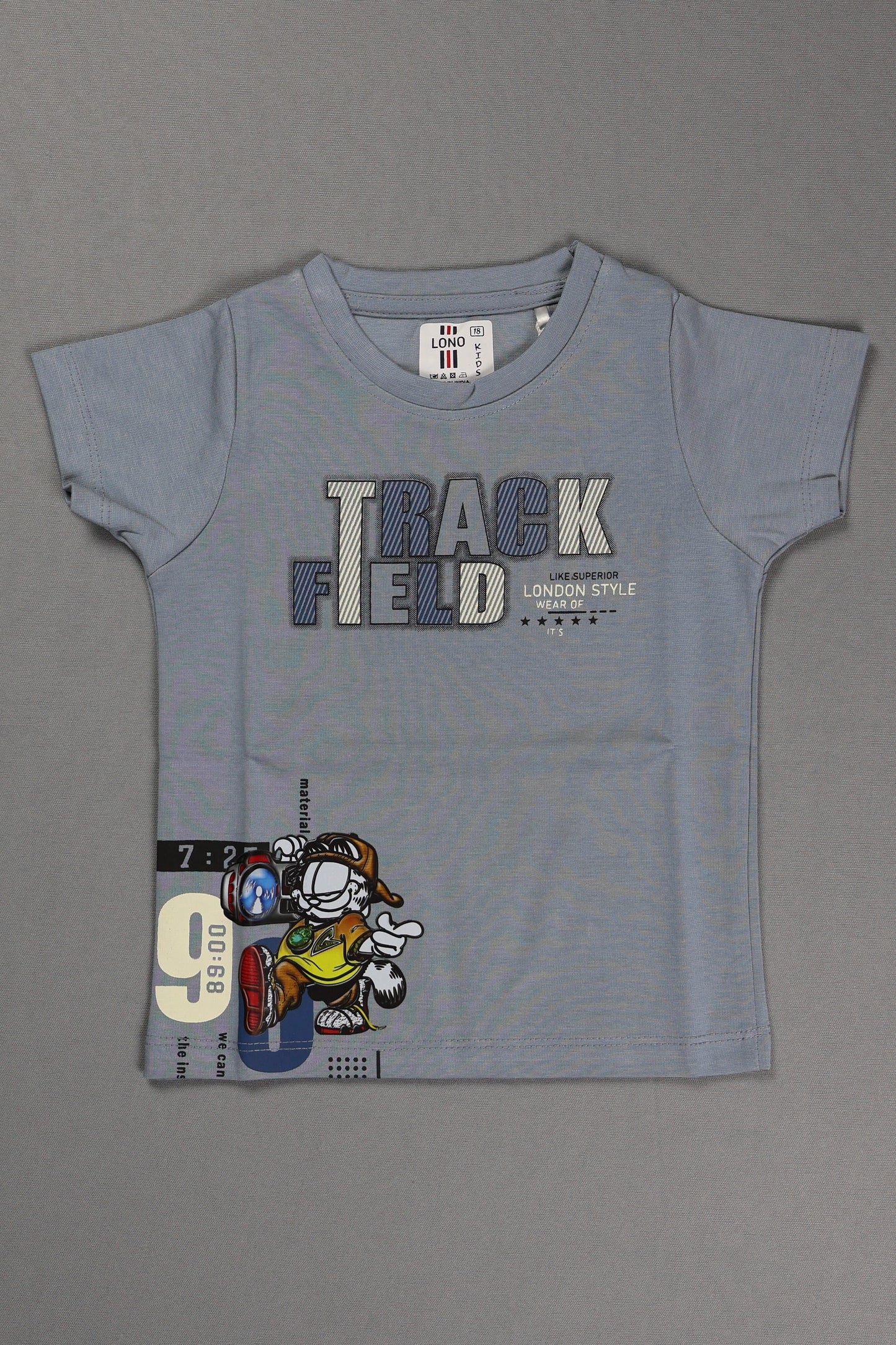 Gray t-shirt with graphic design on a gray background