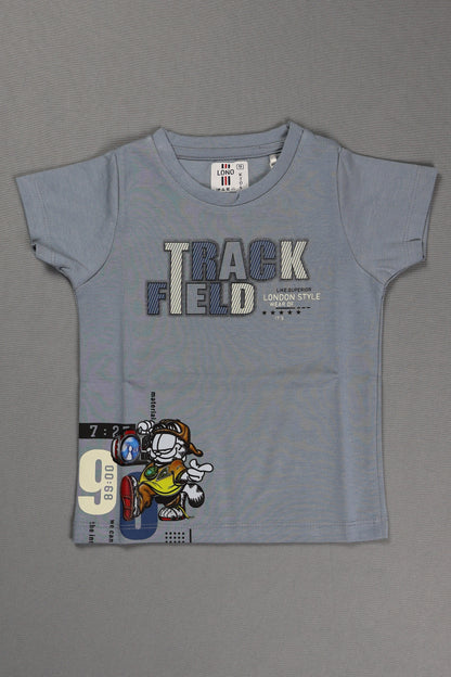 Gray t-shirt with graphic design on a gray background