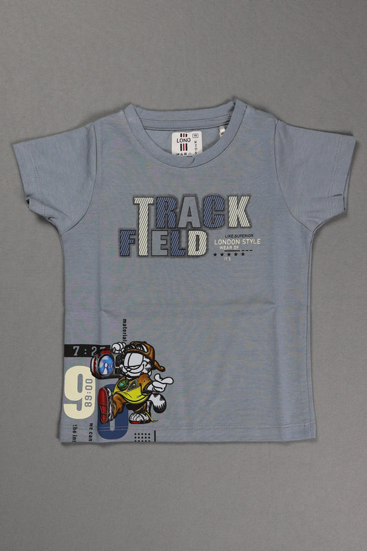 Gray t-shirt with graphic design on a gray background