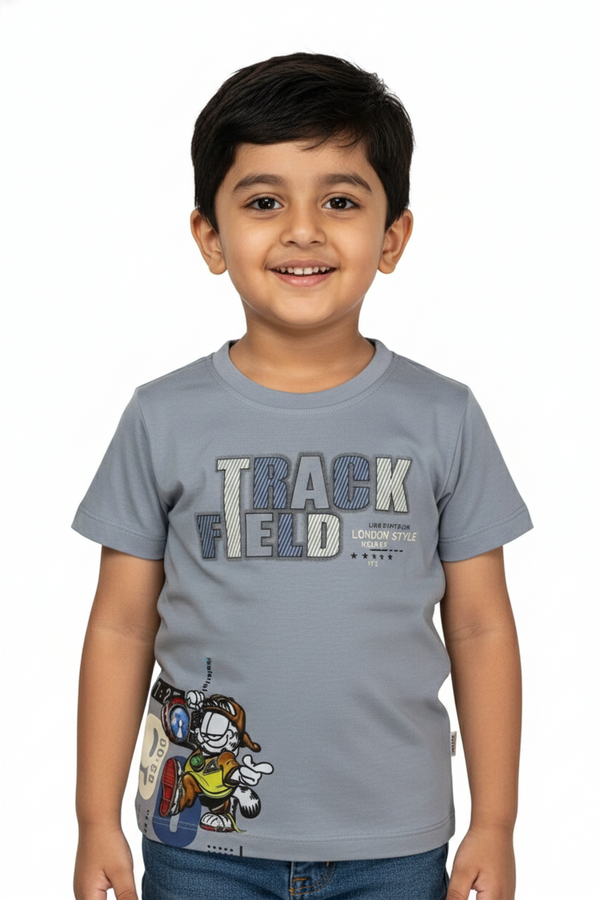 Fyst Cotton Knit Smart Casual Cool Cat Print T-Shirt for Boys - Grey