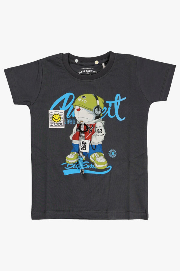Fyst Cotton Knit Smart Casual Headphone Graphic T-Shirt for Boys - Charcoal