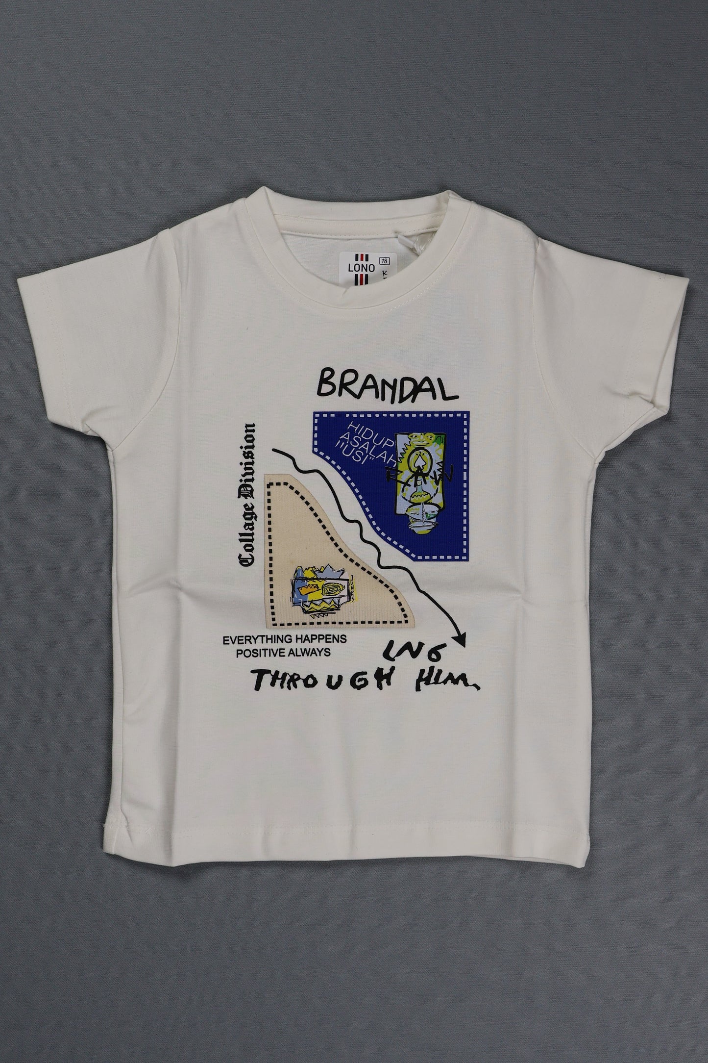 A children's off-white short-sleeve t-shirt featuring a modern collage graphic on the front. The design includes the word "BRANDAL" in handwritten-style script above blue and beige geometric patches with small illustrated details. The shirt is displayed as a flat lay against a neutral grey background.