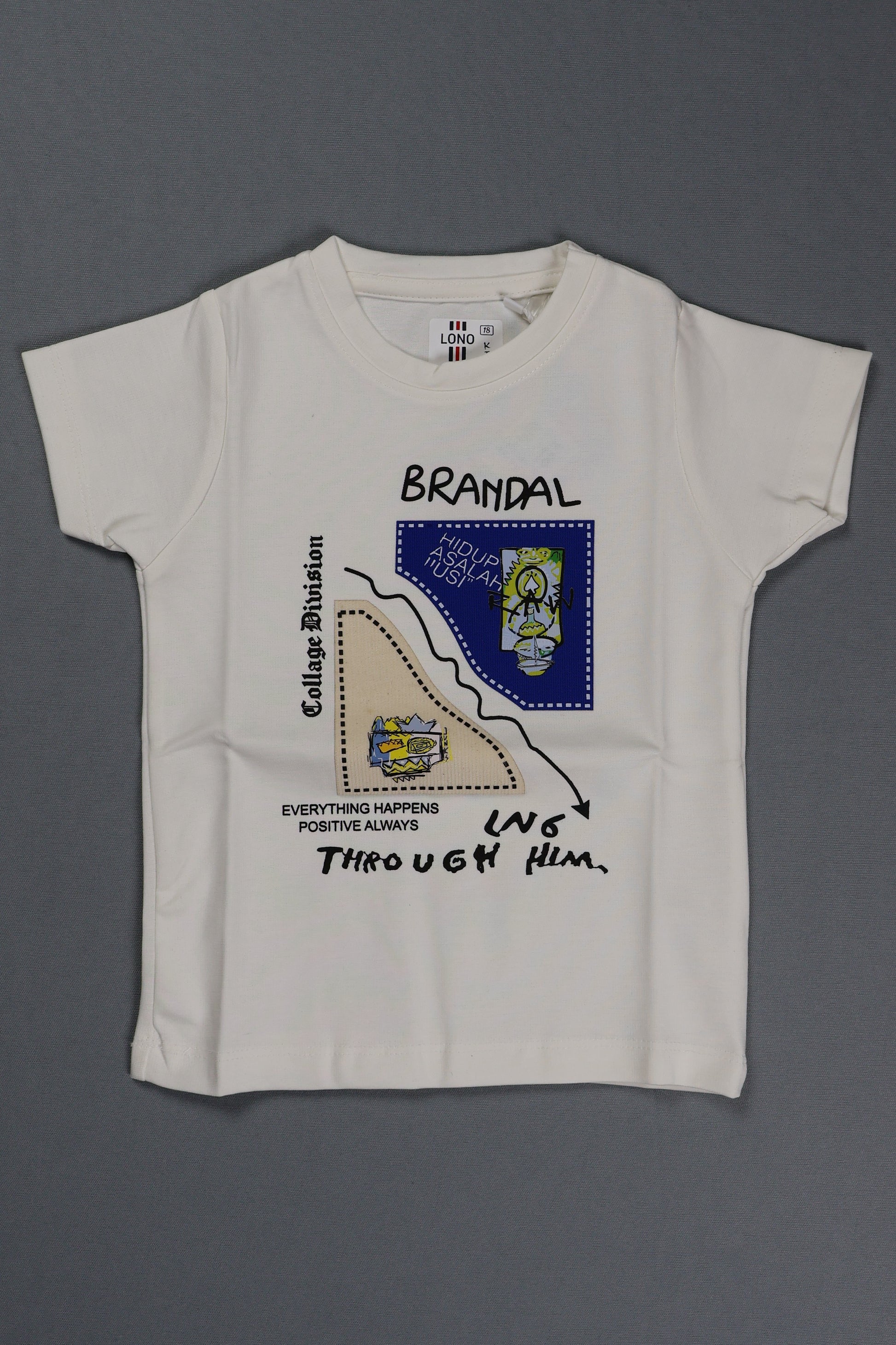 A children's off-white short-sleeve t-shirt featuring a modern collage graphic on the front. The design includes the word "BRANDAL" in handwritten-style script above blue and beige geometric patches with small illustrated details. The shirt is displayed as a flat lay against a neutral grey background.