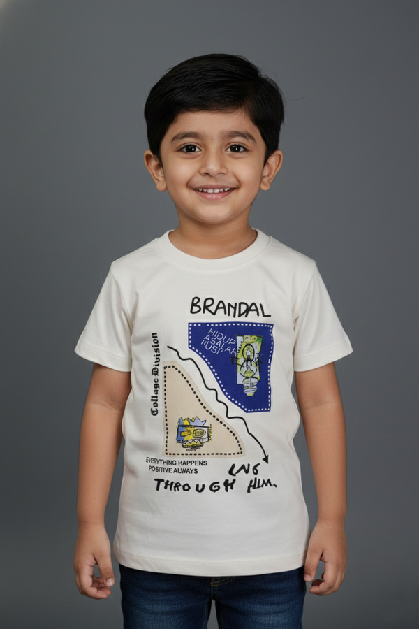 Fyst Cotton Knit Smart Casual Positive Vibes T-Shirt for Boys - Cream