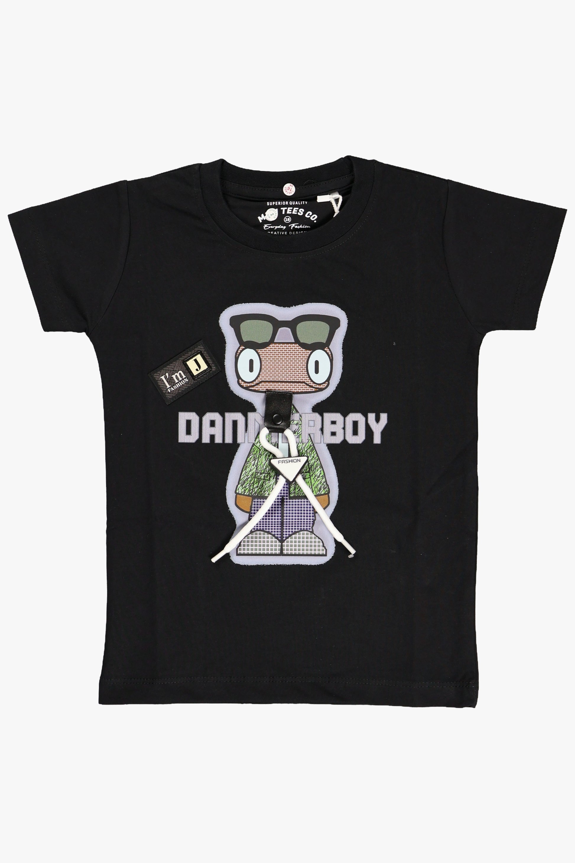 Black t-shirt with cartoon character and text on a white background