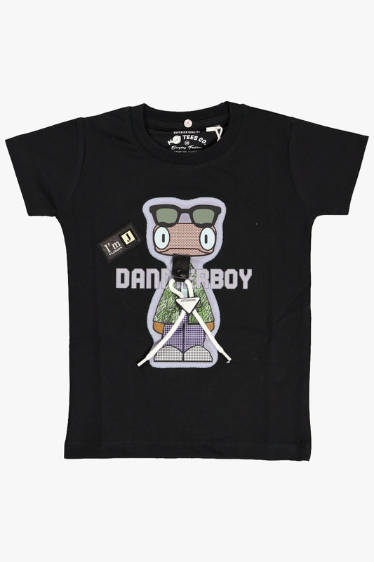 Black t-shirt with cartoon character and text on a white background