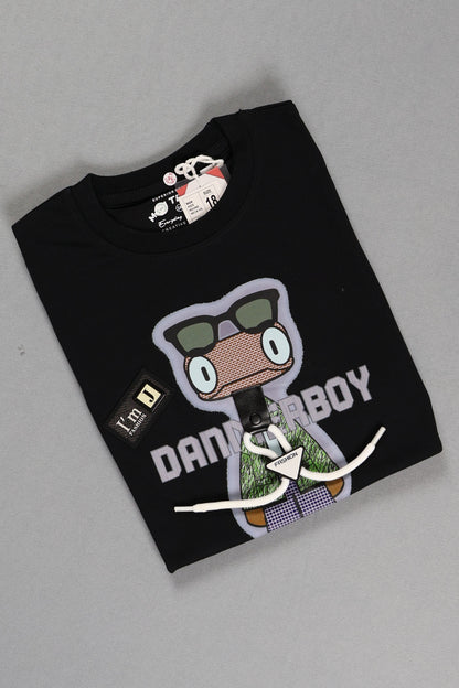 Black t-shirt with cartoon character and text on a gray background