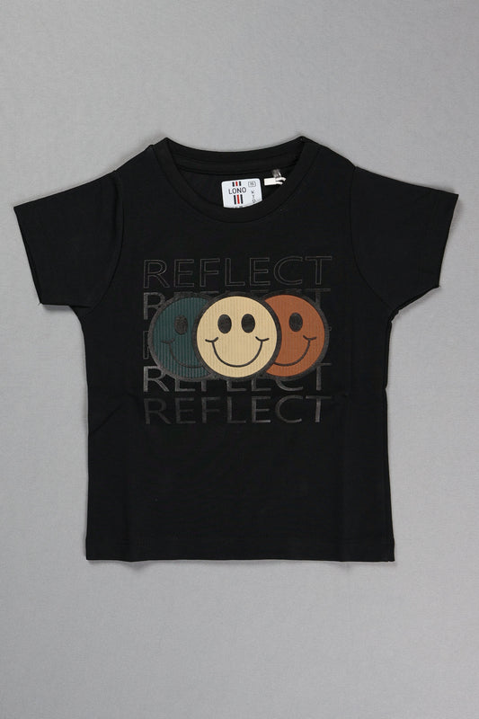 Black t-shirt with smiley face design and 'REFLECT' text on a gray background