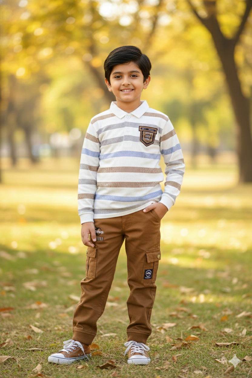 A young boy modeling a stylish two-piece autumn set. He is wearing a long-sleeve polo shirt with blue, tan, and white horizontal stripes and a small chest pocket. This is paired with tan brown cargo joggers featuring large side pockets. He is posing outdoors in a park with golden autumn leaves on the ground.