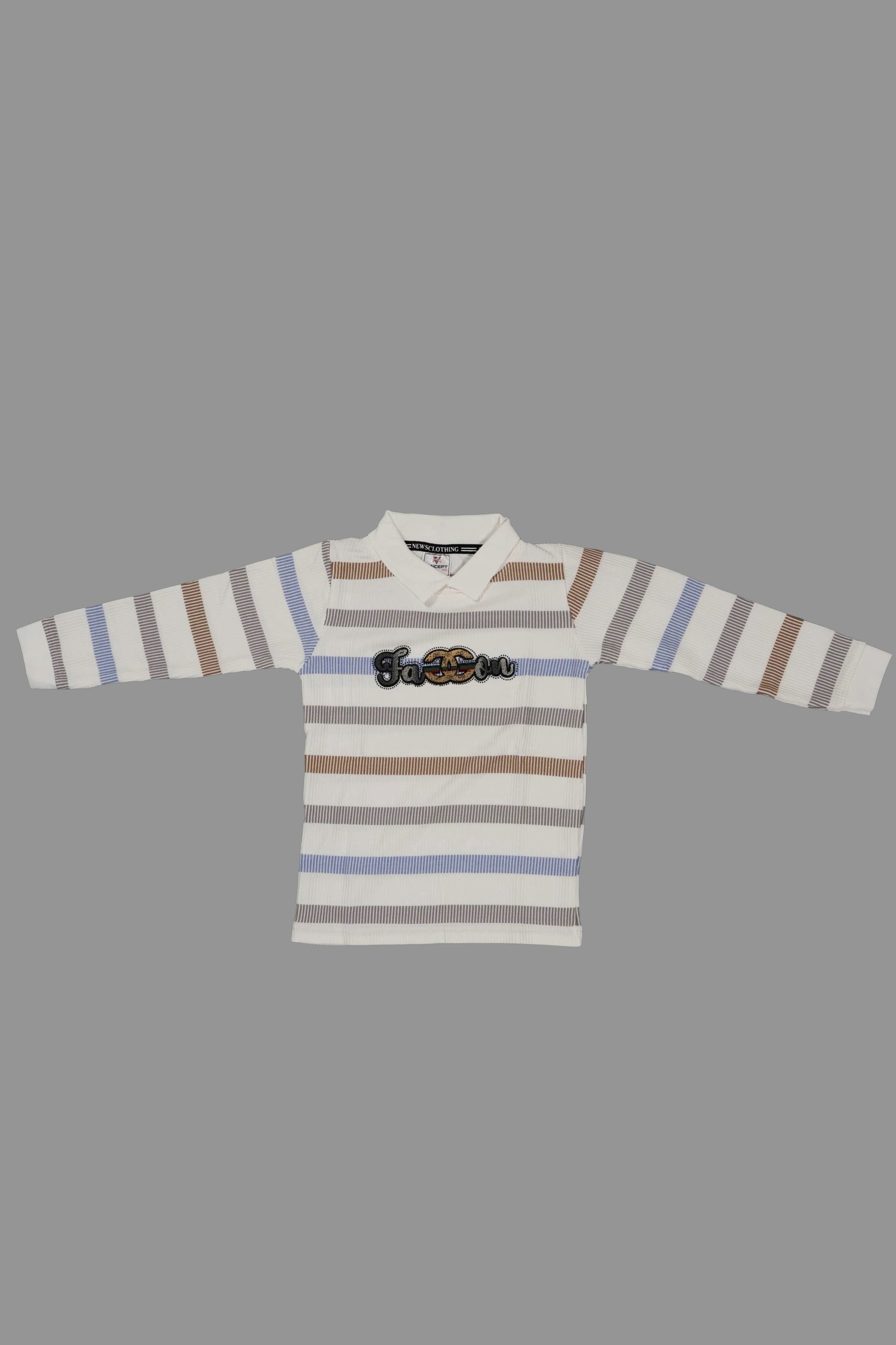 Striped long-sleeve shirt with a belt buckle design on a gray background