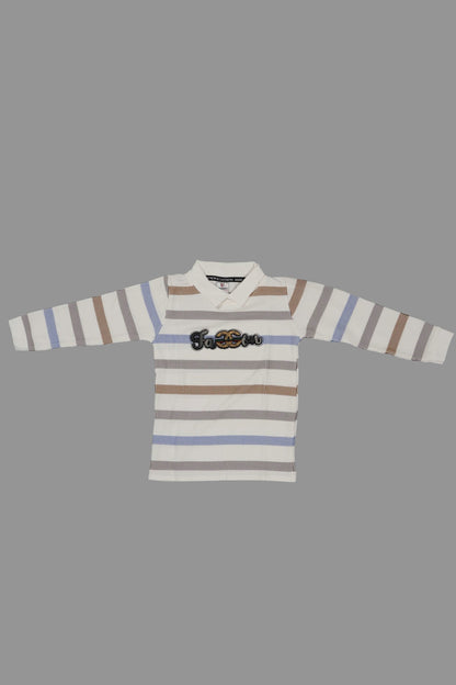 Striped long-sleeve shirt with a belt buckle design on a gray background