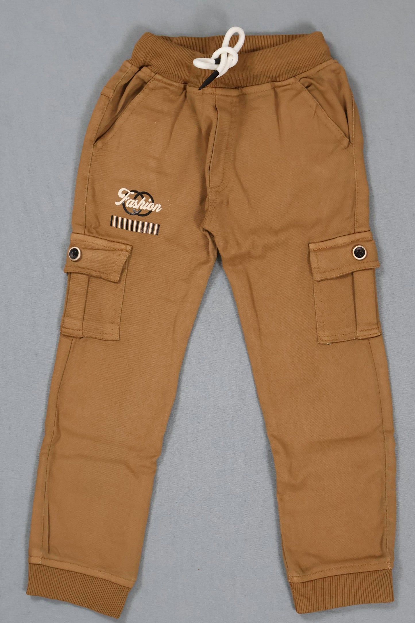 Brown cargo pants with a brand logo on a gray background
