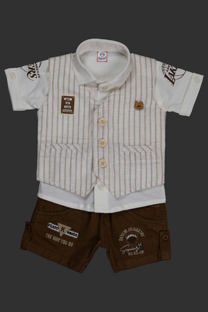 Fyst Cotton Knit Striped Waistcoat & Shorts Party Set for Boys - Beige & Brown - Fyst Fashion