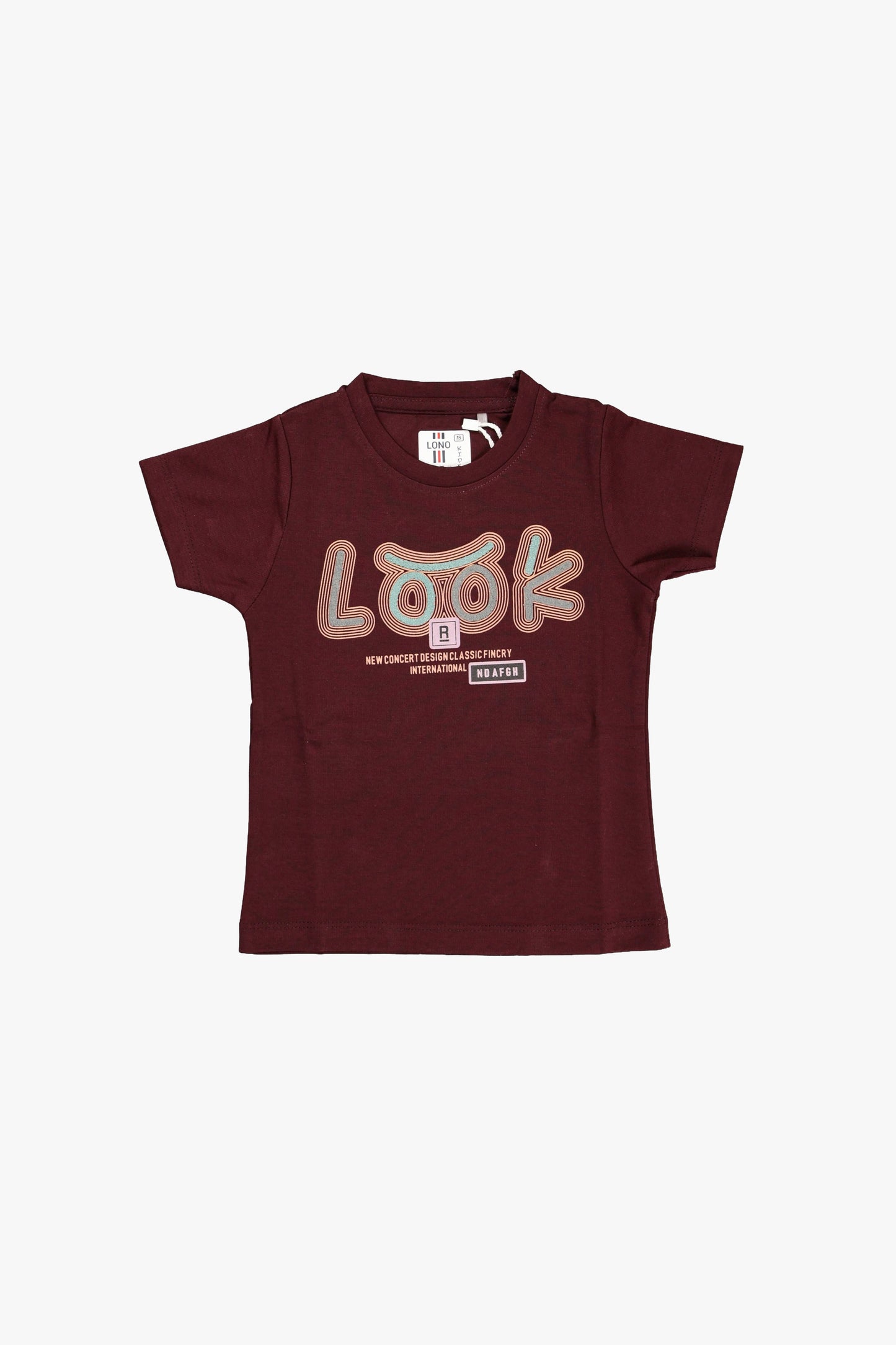 Maroon t-shirt with colorful text on a white background