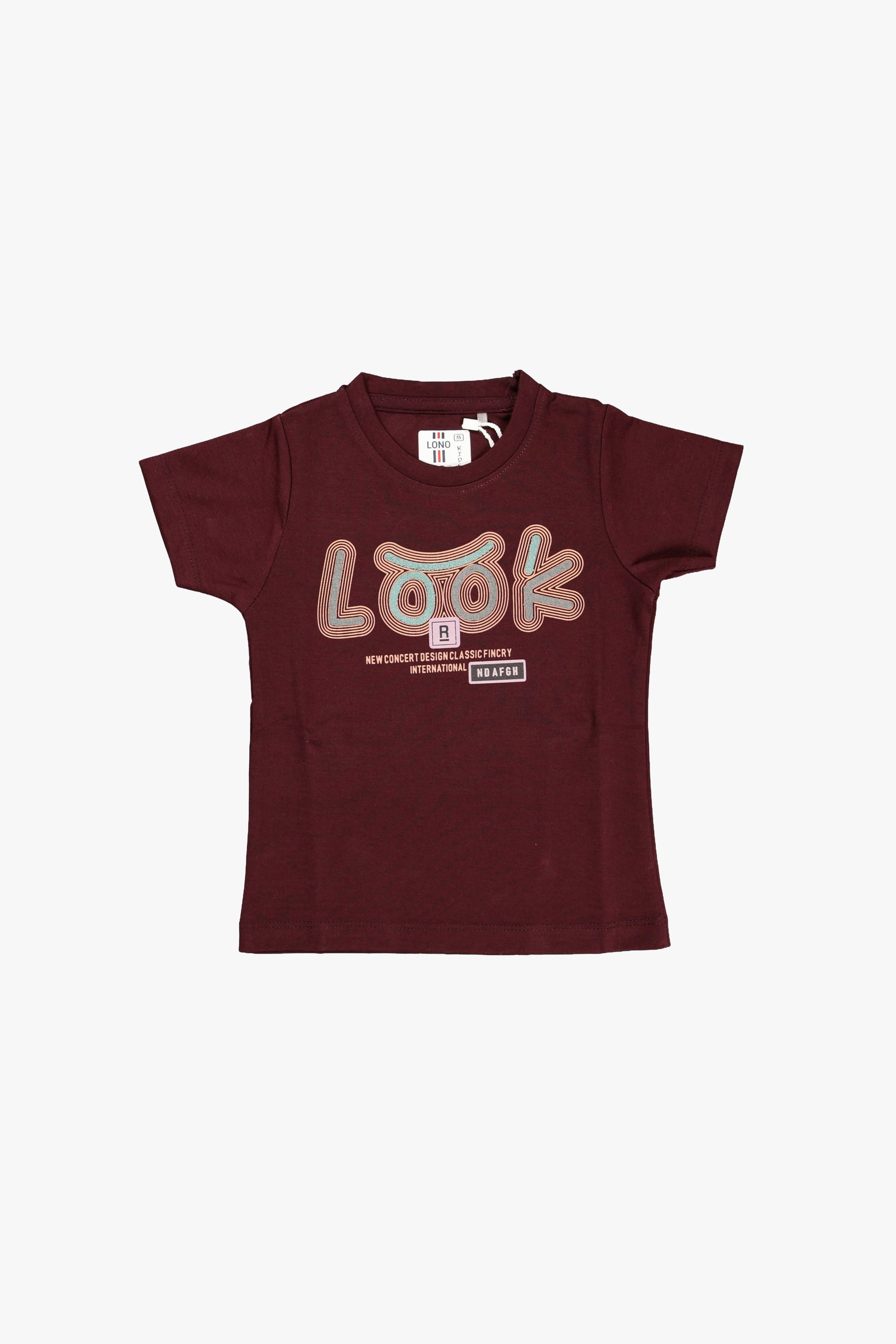 Maroon t-shirt with colorful text on a white background