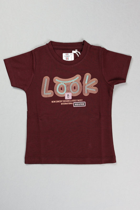Maroon t-shirt with graphic design on a light gray background