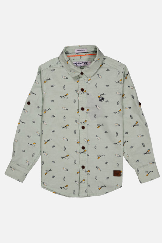 Fyst Boys' Off-White Long-Sleeve Button-Down Shirt with Delicate Blue Floral Vine Print and Brown Branch Detail, flat lay view on grey background.