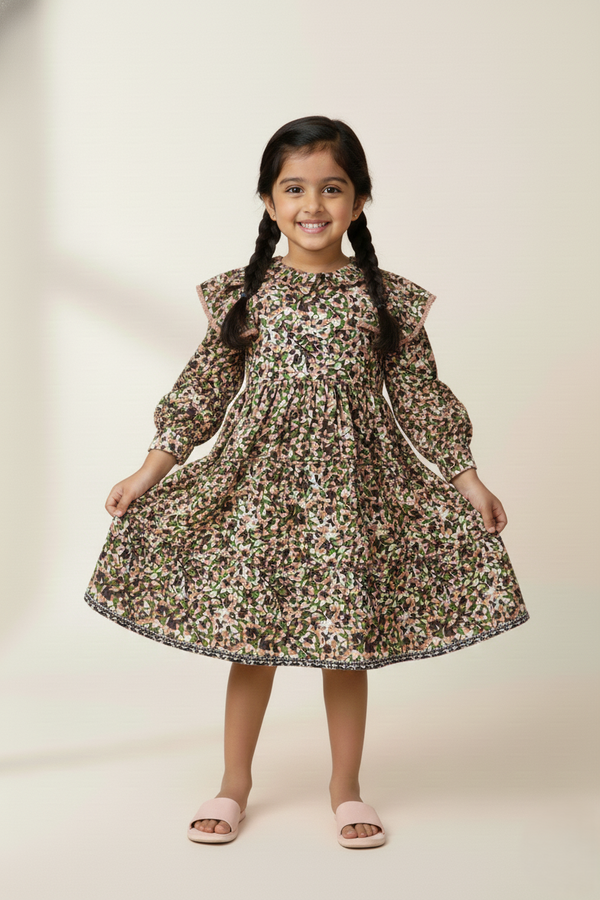 Fyst Cotton Poplin Tiered Frock for Girls - Olive & Mauve