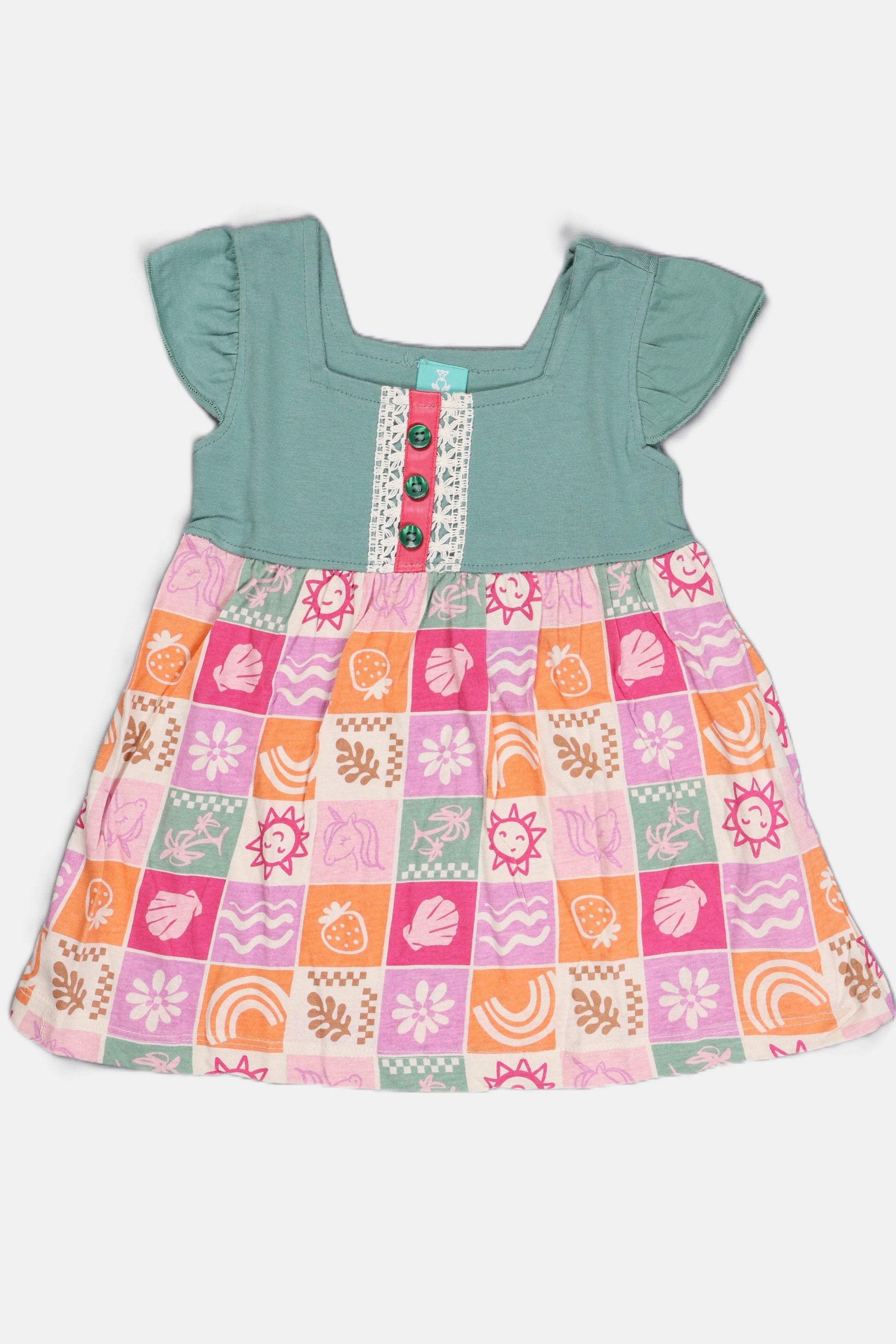 Fyst baby girl dress featuring a teal flutter-sleeve knit top with button details and a multi-color checkered skirt with sun, shell, and floral prints.