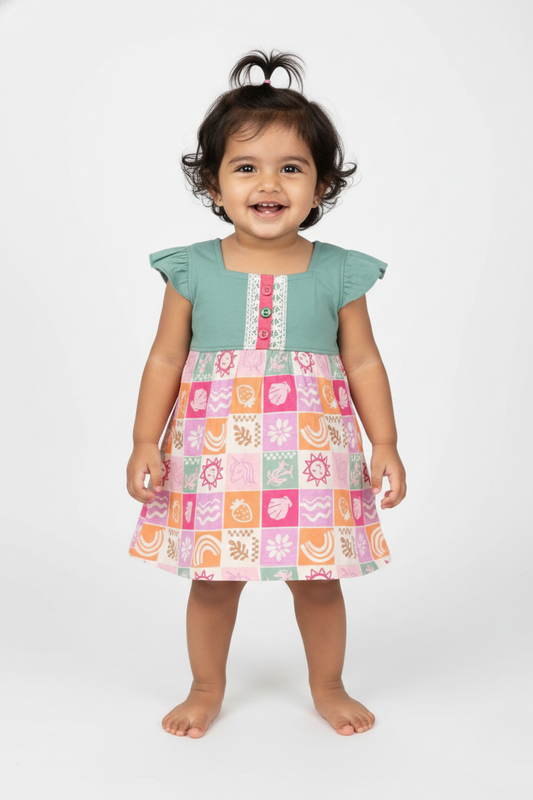 Fyst Cotton Ruffle Sleeve Button-Down Frock for Girls - Teal Green & Pink - Fyst Fashion