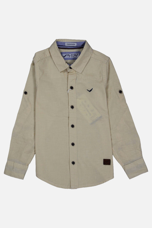Fyst Boys' Cream Textured Long-Sleeve Button-Down Shirt with Roll-Up Sleeve Tabs and Contrast Buttons, flat lay view on grey background.