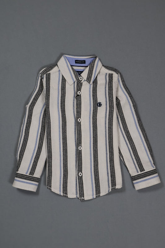 Striped shirt with black and white pattern on a gray background