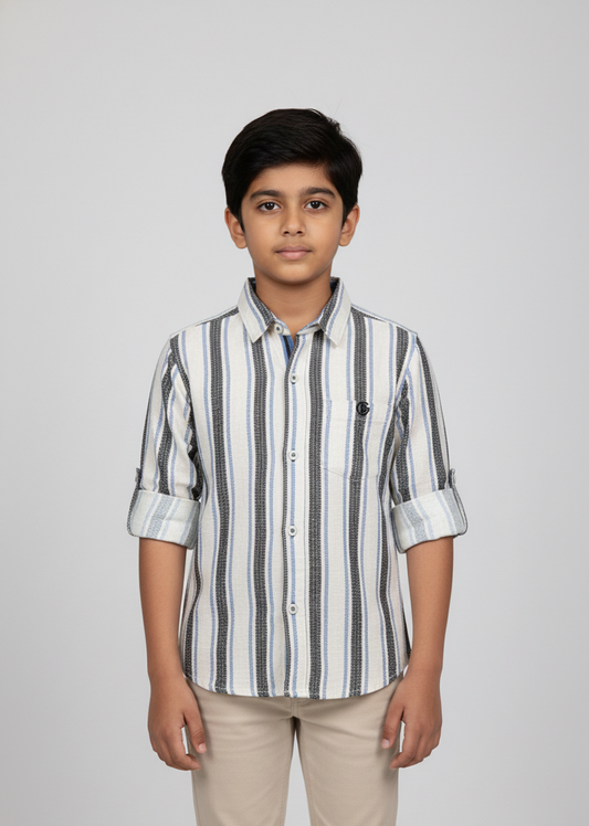 Fyst Cotton Textured Striped Full Sleeve Shirt for Boys - Beige & Black - Fyst Fashion