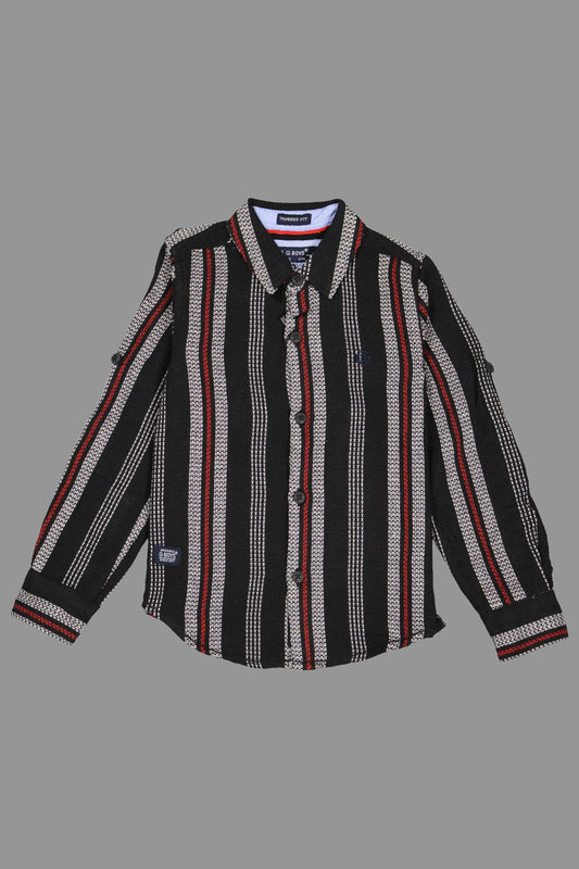 Striped shirt with black, red, and white pattern on a gray background