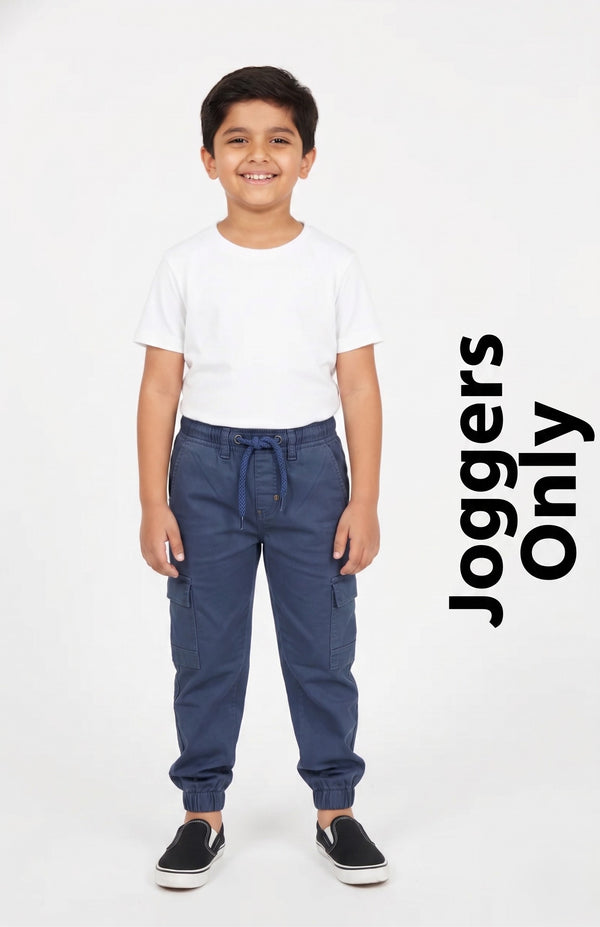 Fyst Soft Cotton Casual Wear Elastic Waist Multi-Pocket Joggers for Boys - Navy Blue
