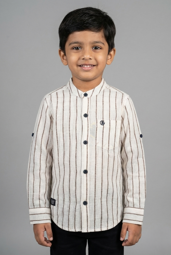 Fyst Linen Look Breathable Fabric Party Wear Shirt for Boys - Cream & Brown