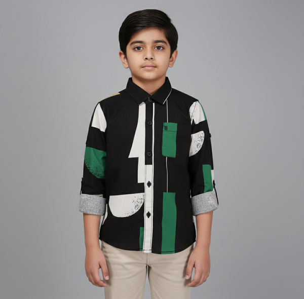 Fyst Premium Botanical Leaf Smart Casual Shirt for Boys – Taupe Grey Black