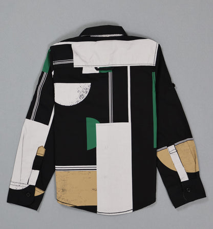 Kids cotton shirt with abstract geometric black, white, green, and beige pattern, back view