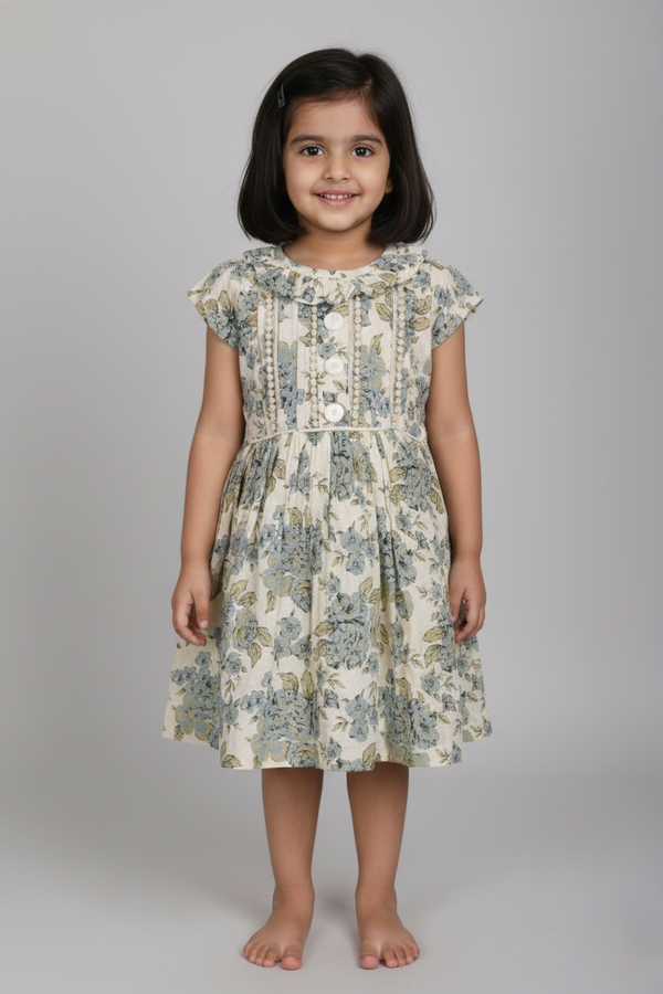Fyst Premium Cotton Blue Rose Botanical Print Frock for Girls – Ivory & Slate
