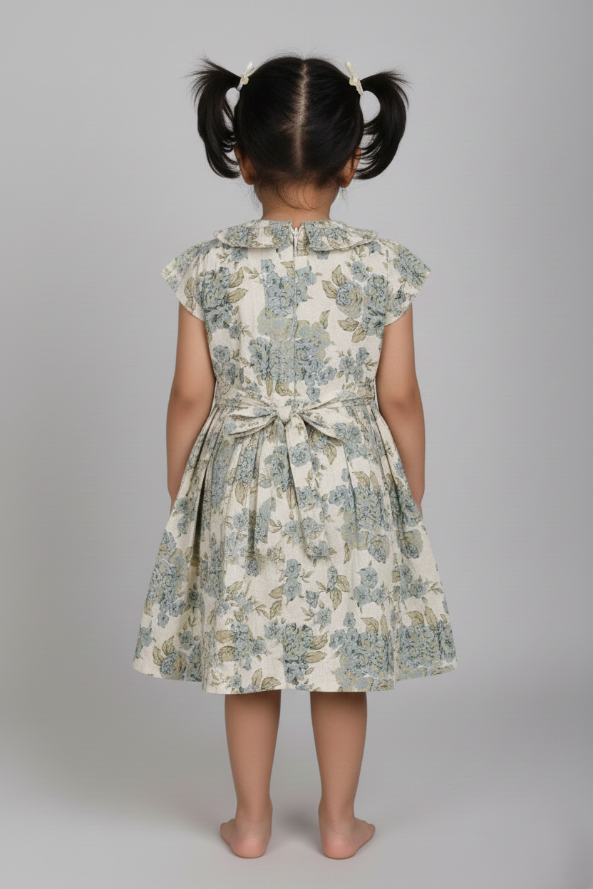 Fyst Premium Cotton Blue Rose Botanical Print Frock for Girls – Ivory & Slate