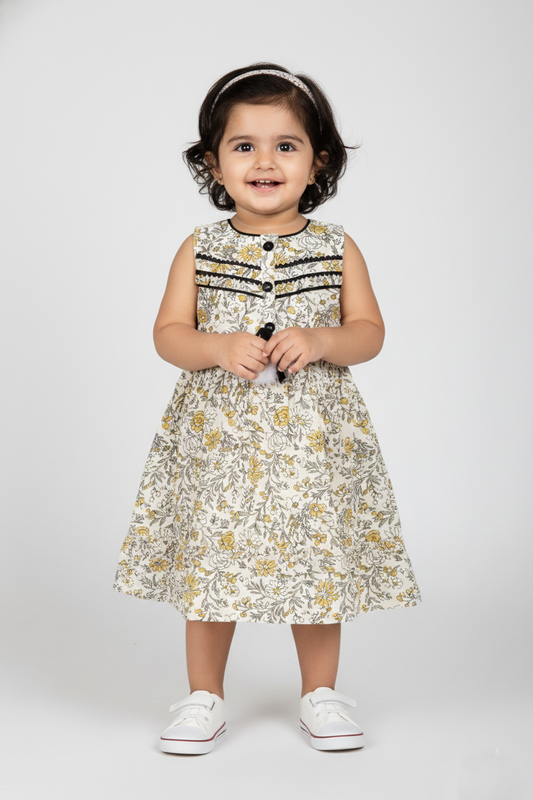 Smiling toddler girl wearing sleeveless ivory and mustard floral cotton frock on white background