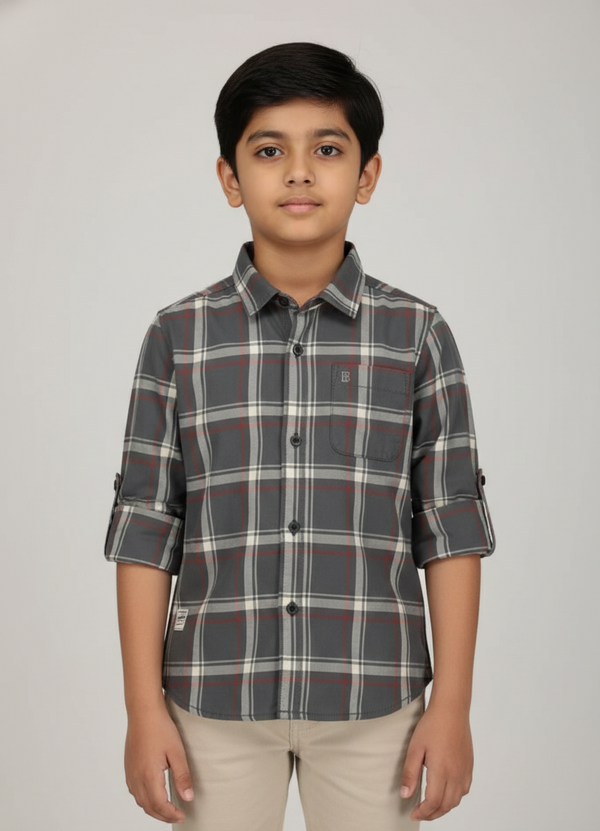 Fyst Premium Cotton Heritage Check Smart Casual Shirt for Boys – Charcoal & Rust