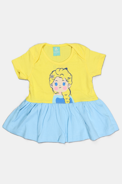 "A professional product showcase of the Fyst infant girls' tiered character dress featuring a vibrant yellow and blue color-block design. The primary image displays a soft cotton dress with a bright yellow short-sleeved bodice featuring a centered, cute animated illustration of the character Elsa. The dress transitions at the waist into a flared, light blue tiered skirt that provides an airy and comfortable silhouette. Detailed thumbnails provide a comprehensive view, including the clean back profile and a 