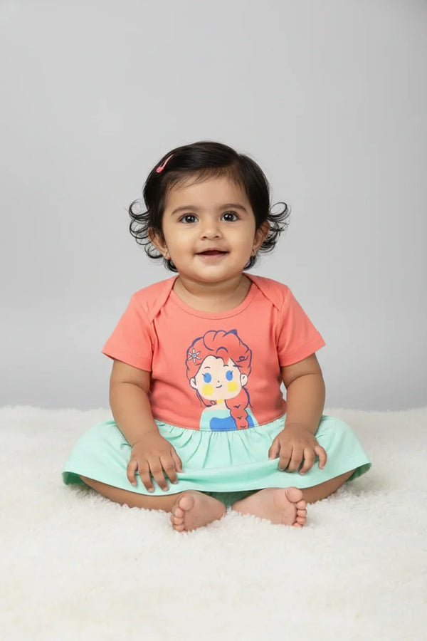 Fyst Premium Cotton Knit Color-Block Princess Frock for Infants – Peach & Green