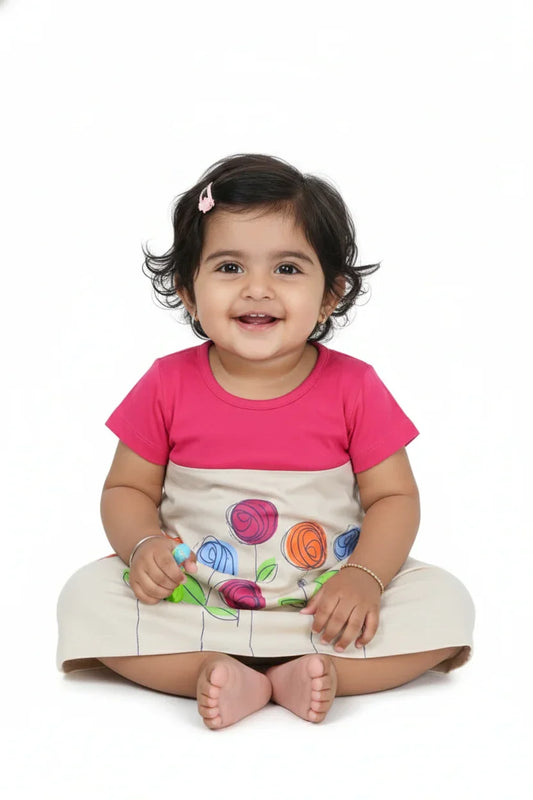 Infant girl in pink and cream floral color-block cotton knit frock, smiling, studio shot