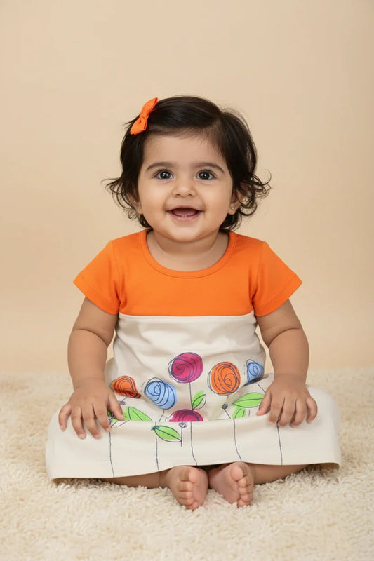 Smiling infant in orange and cream cotton floral color-block frock, sitting on soft carpet