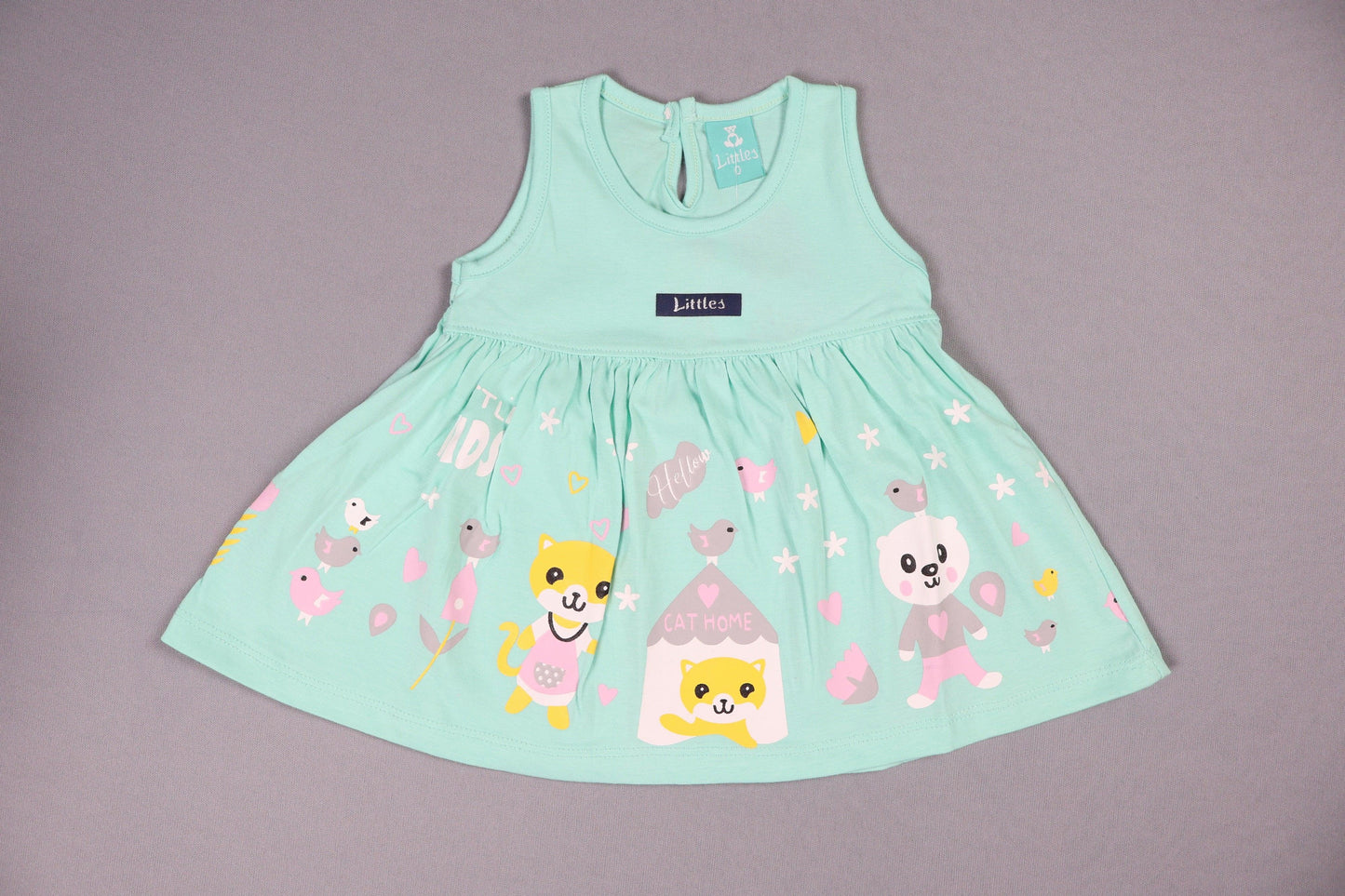 Sea green cotton baby girl frock with cute animal and bird graphic print, sleeveless design