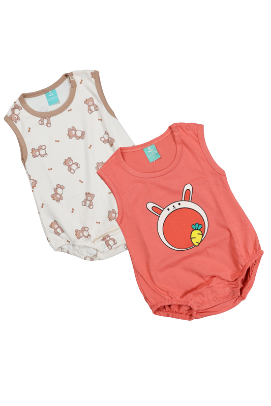 "A professional product showcase of the Fyst infant boys' sleeveless romper 2-pack. The primary image displays two soft cotton rompers: one in a vibrant solid coral with a playful centered rabbit face graphic, and another in white featuring an all-over print of small, adorable tan teddy bears. Detailed thumbnails provide a 360-degree view, including the clean back profile of both garments and a flat-lay view highlighting the secure snap-button closures and high-quality fabric texture against a neutral grey 