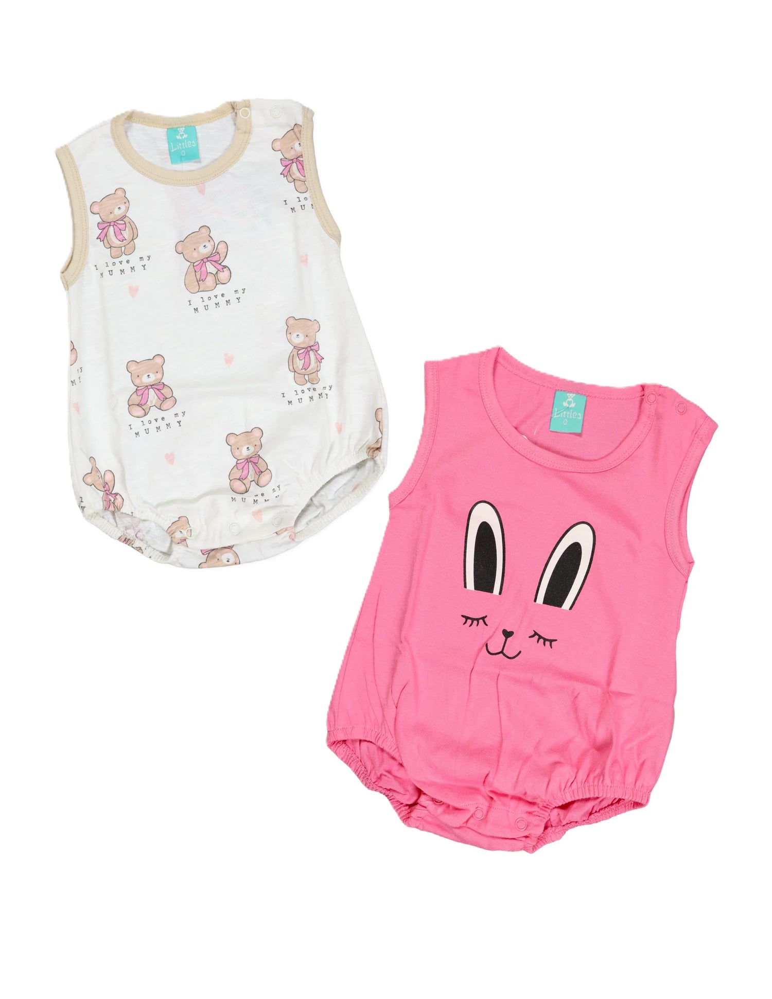 "A professional product showcase of the Fyst infant girls' sleeveless romper 2-pack. The primary image displays two soft cotton rompers: one in a vibrant solid pink with a playful centered bunny face graphic, and another in white featuring an all-over print of adorable small tan teddy bears. Detailed thumbnails provide a 360-degree view, including the clean back profile of the pink romper and a flat-lay view highlighting the secure snap-button closures and high-quality fabric texture against a neutral grey 