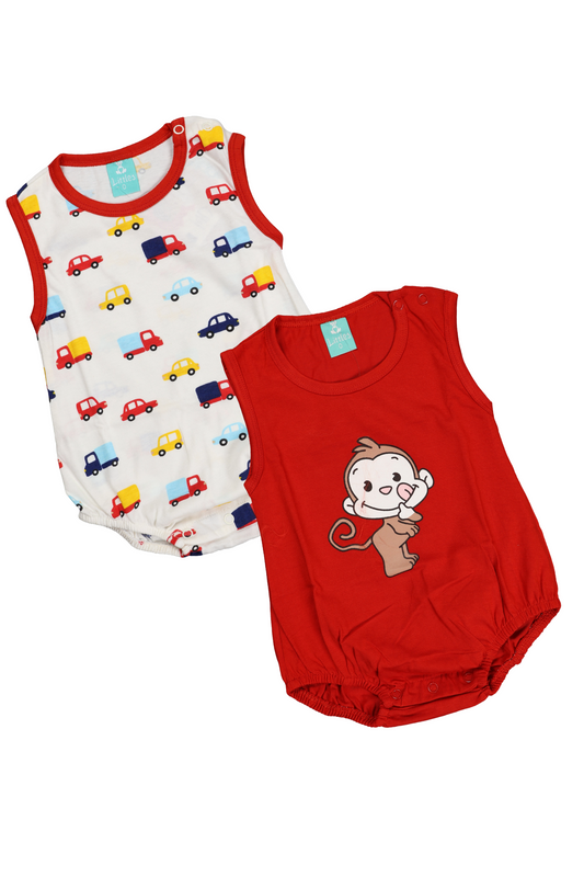 "A professional product showcase of the Fyst infant boys' sleeveless romper 2-pack. The primary image displays two soft cotton rompers: one in a vibrant solid red with a playful centered monkey graphic, and another in white featuring an all-over colorful truck and car print. Detailed thumbnails provide a 360-degree view, including the clean back profile of both garments and a flat-lay view highlighting the secure snap-button closures and high-quality fabric texture against a neutral grey background."