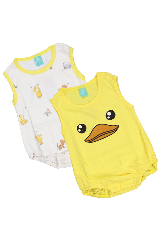 "A professional product showcase of the Fyst infant boys' sleeveless romper 2-pack. The primary image displays two soft cotton rompers: one in a bright solid yellow with a large centered duck face graphic, and another in white featuring an all-over print of multi-colored safari animals. Detailed thumbnails provide a 360-degree view, including the clean back profile of the yellow romper and a flat-lay view highlighting the secure snap-button closures and high-quality fabric texture against a neutral grey bac